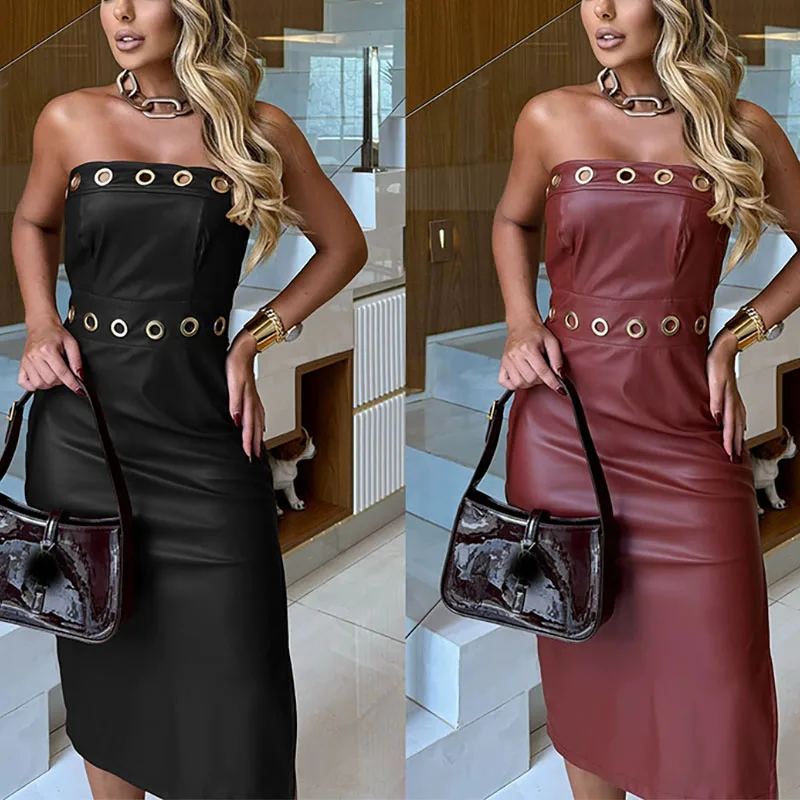 Vrouwen elegante gat decoratie effen kleur midi-jurk mode hoge taille feestjurk sexy strapless mouwloze wrap heupjurk