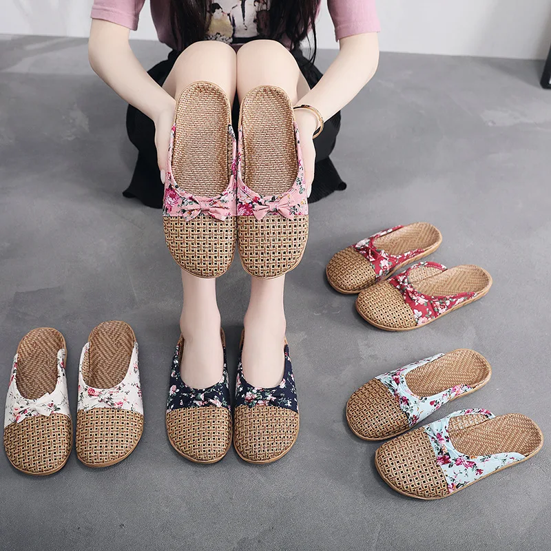 Vine Grass Woven Slippers In Summer, Linen Slippers For Indoor Living, Anti Slip Grass Mat Bamboo Slides Sandals Women Men - Image 2