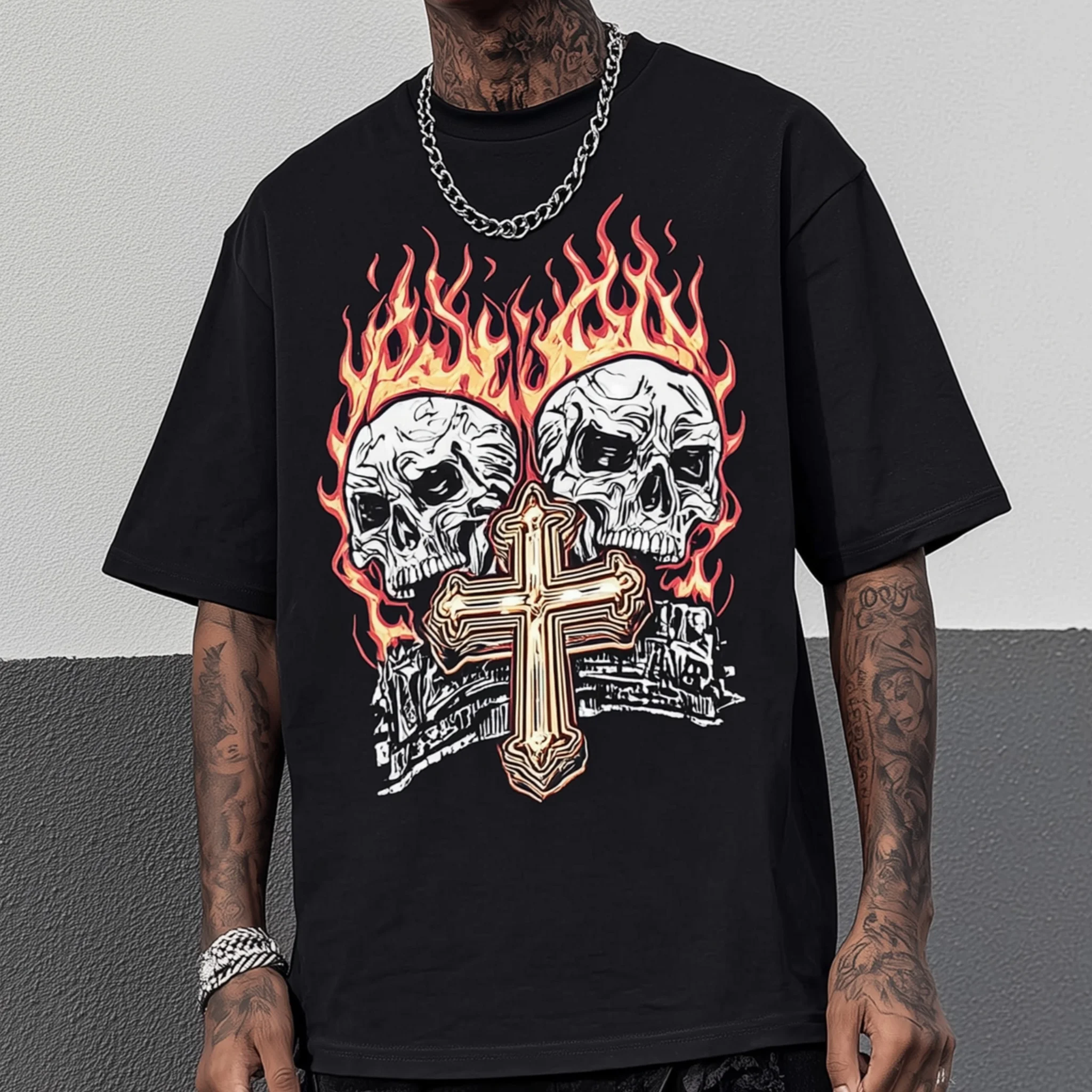 

Teevo Men's Casual T-Shirt with Flame Skull Cross Print for Daily Wear