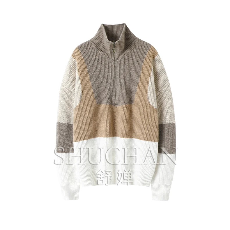 

Stand-up Collar Thickened Zipper 100% Pure Cashmere Shirt Women's Pure Cashmere Sweater Loose Sueter Mujer Invierno