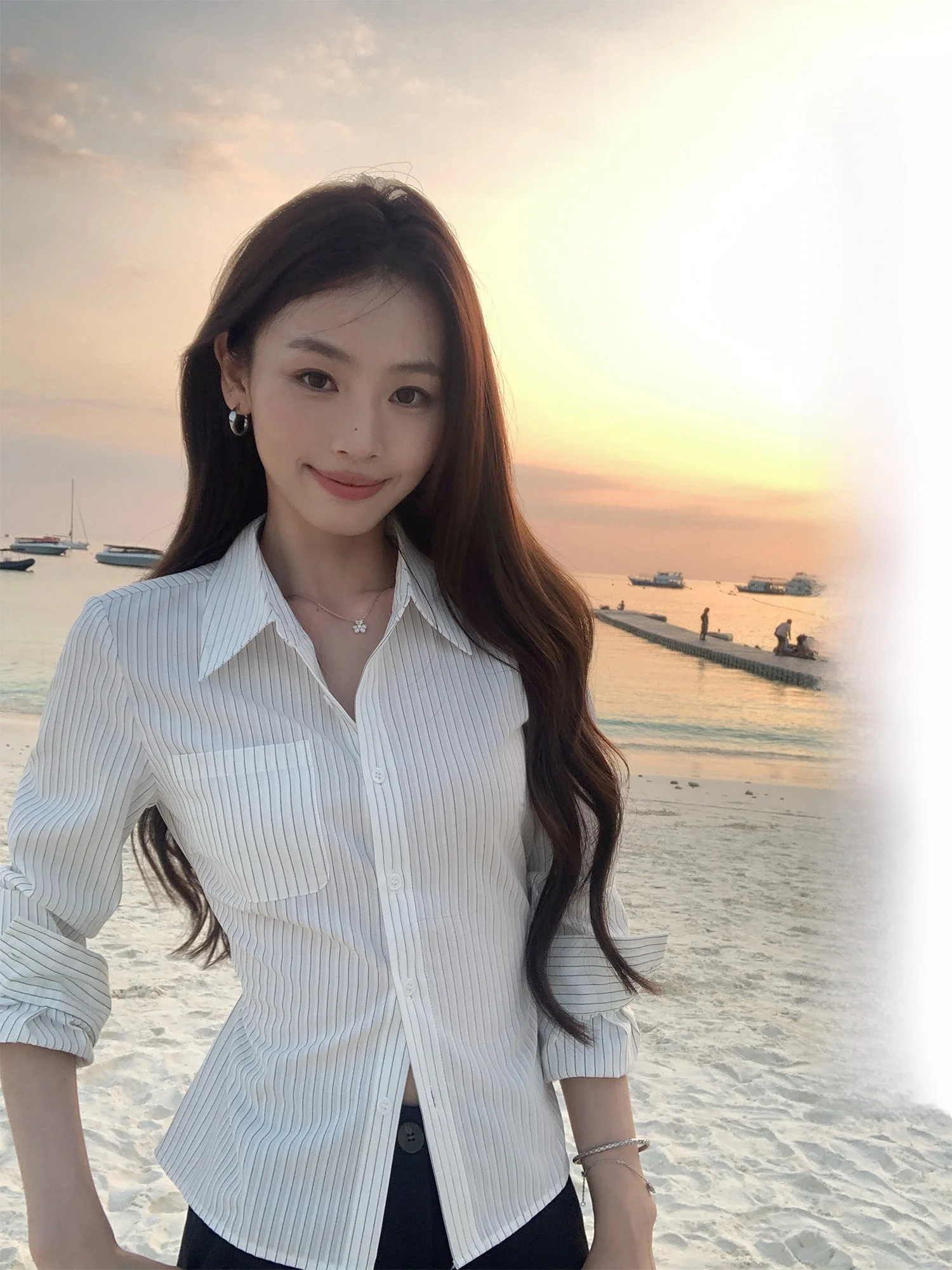 

Pusumede Classic Striped Long Sve irt Women's Slim Fit Button up Waist Cinching Commute Sle Polyester Blend irt