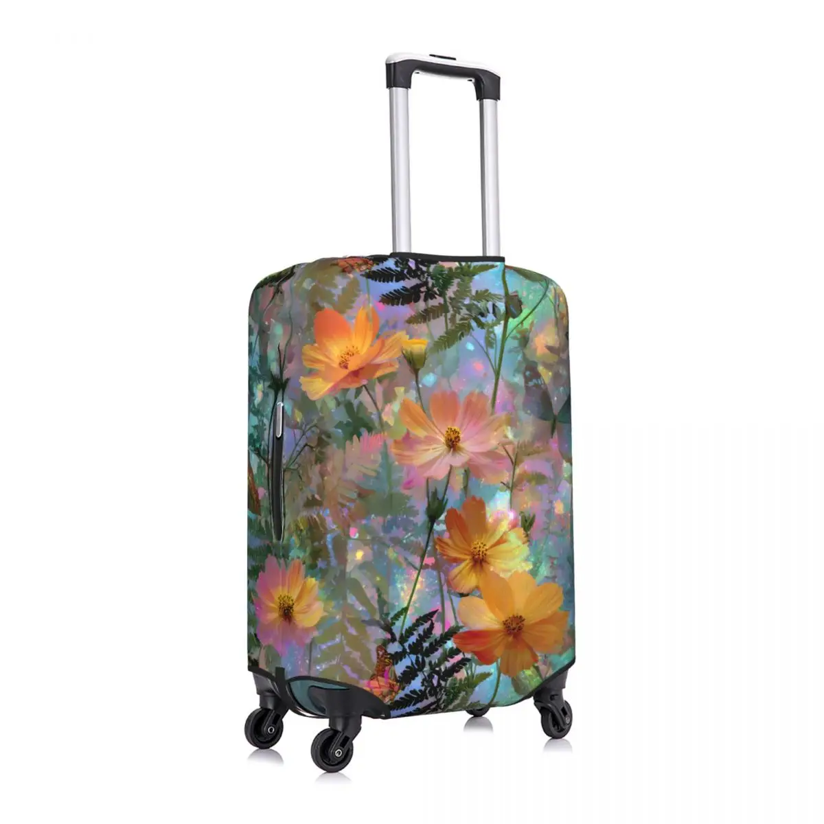 Dreamy Glitter Cosmos Fern Floral Suitcase Cover Washable Travel Luggage Covers for 18-32 inch
