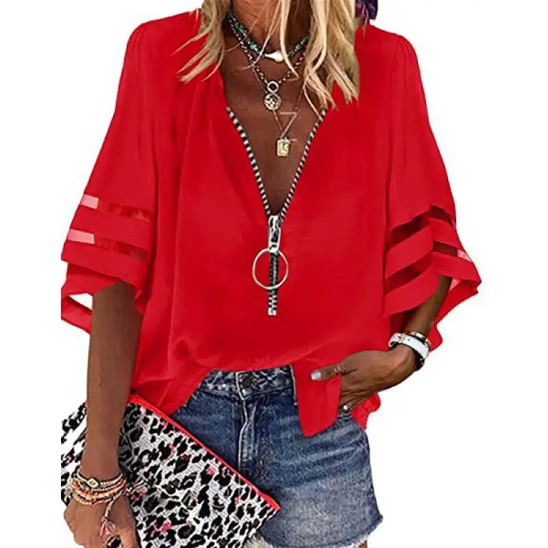 Women\'s Casual Loose V-neck Half-flat Sleeve Blouse 2025 Spring Summer Tops Streetwear Ladies Spliced ​​zipper Solid Shirts
