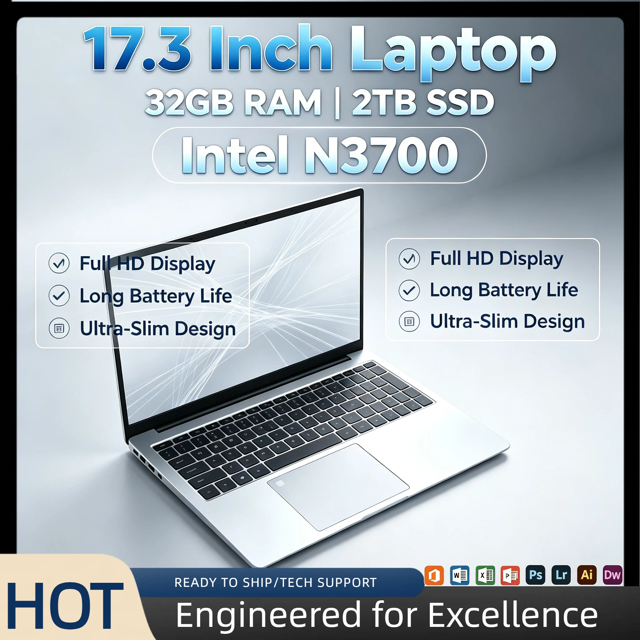 Intel N3700 17.3 Inch Full Size Laptop 32GB RAM 2TB SSD Fingerprint Unlock High Performance Work Gaming Notebook Max