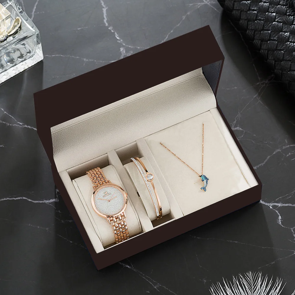 Luxury Diamond Bracelet Watch Set For Women Gift Box Dolphin Pattern Necklace Bracelet Set Quartz-watch Bangle Gifts For Women