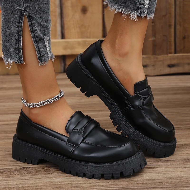 Rimocy Solid Color Platform Loafers Shoes for Women 2025 Spring New Black Pu Leather Flats Woman Comfortable Slip On Boat Shoes