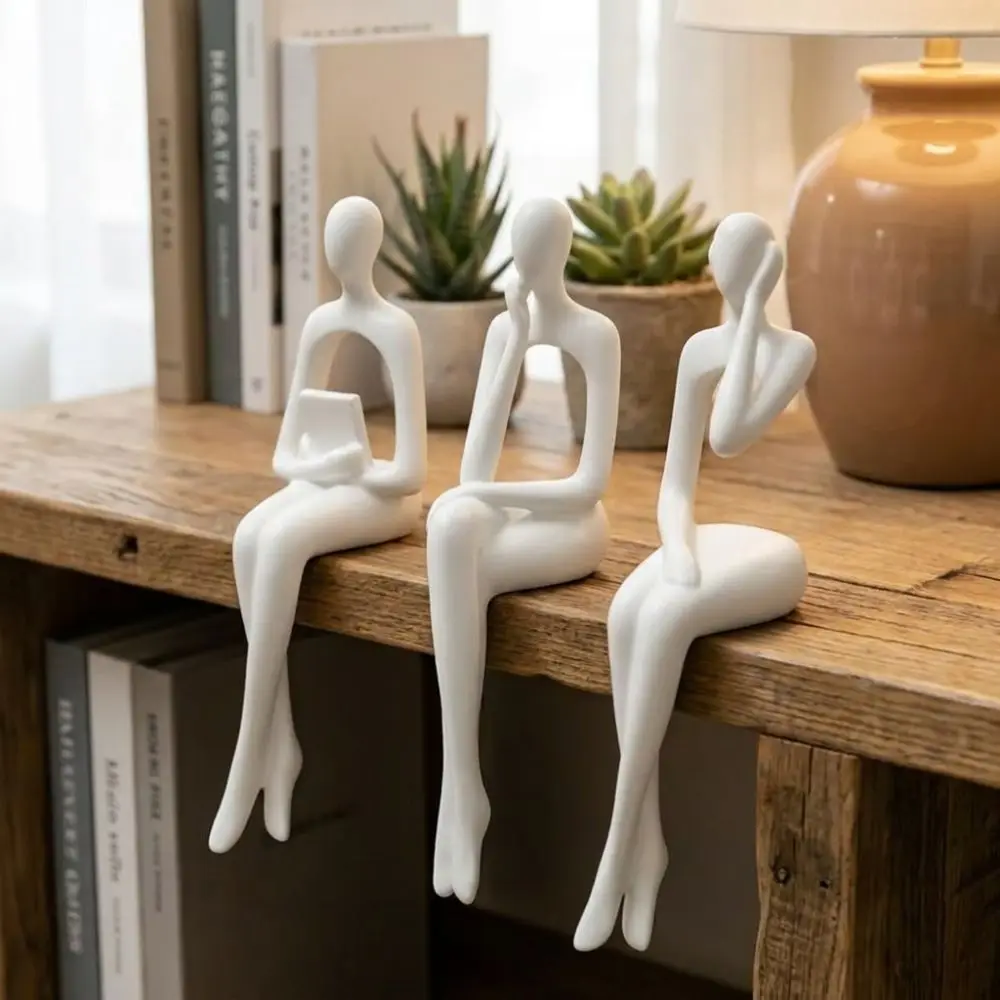 3Pcs Minimalist Abstract Sitting Human Sculpture Set 3D Printed Handmade Hollow Reading Thinking Figurine Plastic Long Leg