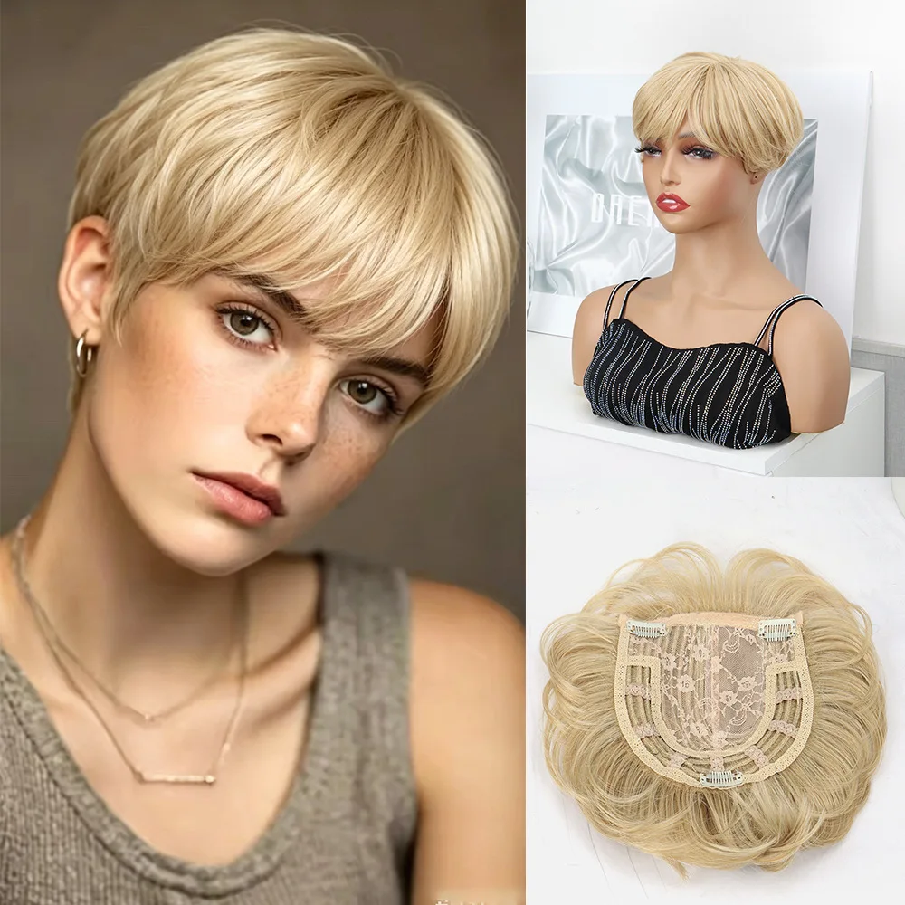 Short Synthetic Wigs Hair Topper with Bangs Natural Curly Clip-in Base Short Hairpiece Hair Replacement for Women Thinning Hair