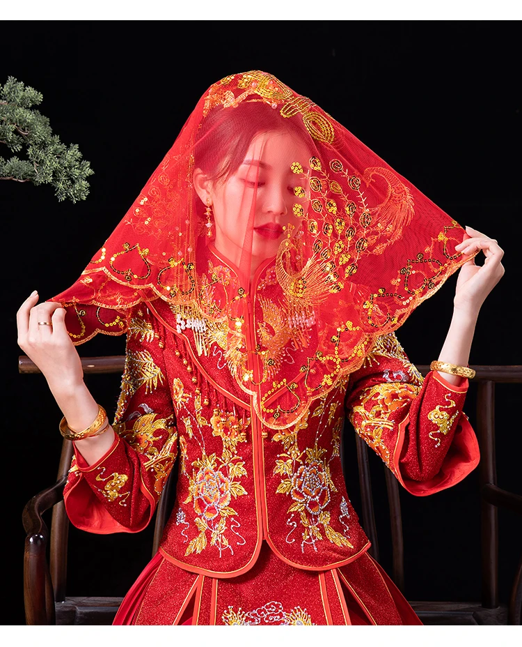 

Bridal Red Hijab Wedding Embroidery Translucent Veil Chinese Wedding Hong Gai Tou