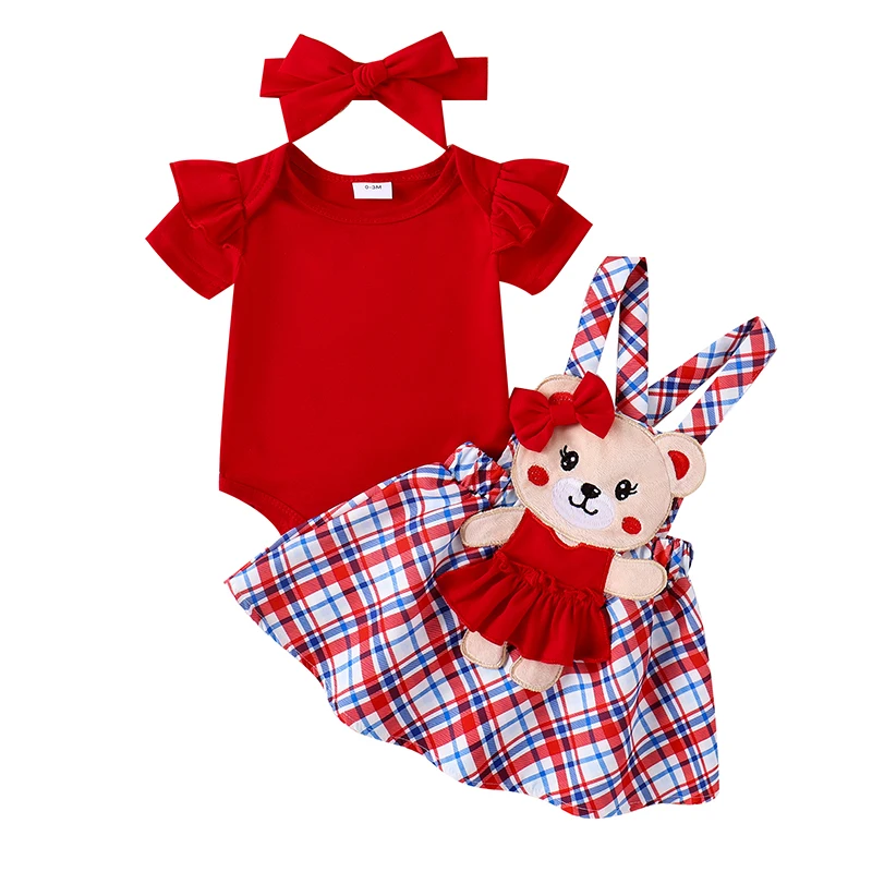 

Baby Girls 4th of July Sets Short Sleeve Ruffle Romper Plaid Suspender Skirt Headband Sets