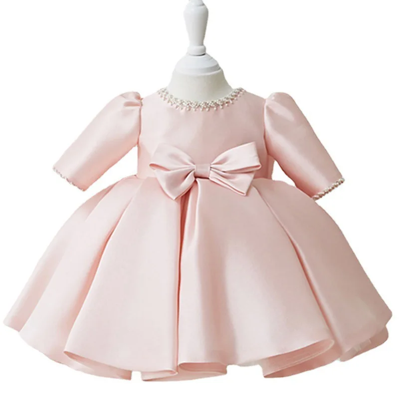 2023 Frühling Kinder Kleinkind Baby Blumenmädchen Satin Puffy Niedliches knielanges Kleid für Geburtstagszeremonien Hochzeit Party 1–9 Jahre – Detail 9