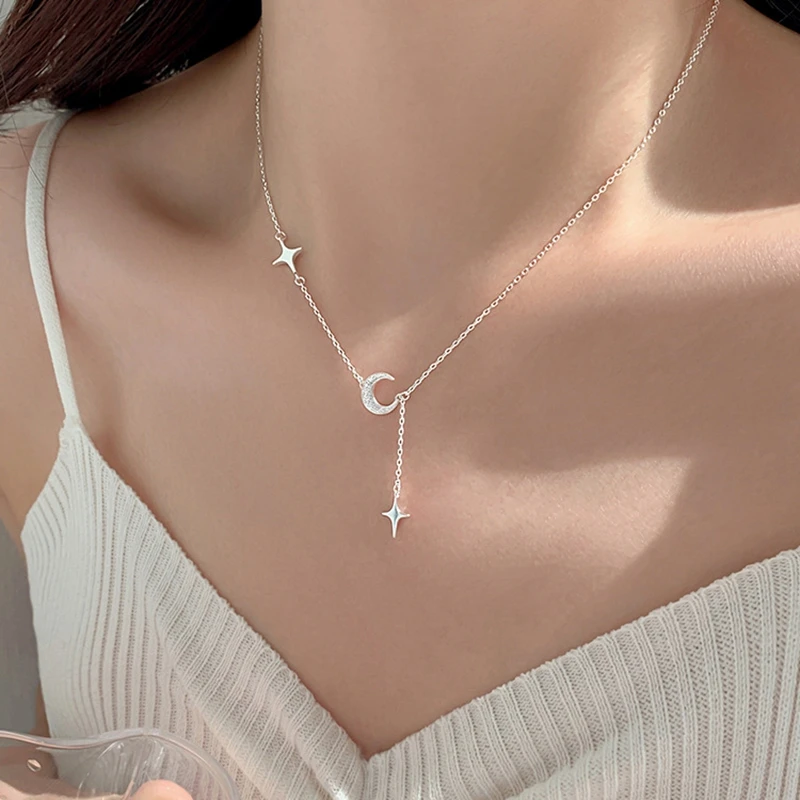 New 925 Sterling Silver Moon Star Shape Necklace For Women Pendent Clavicle Chain Wedding Party Jewelry Accessories