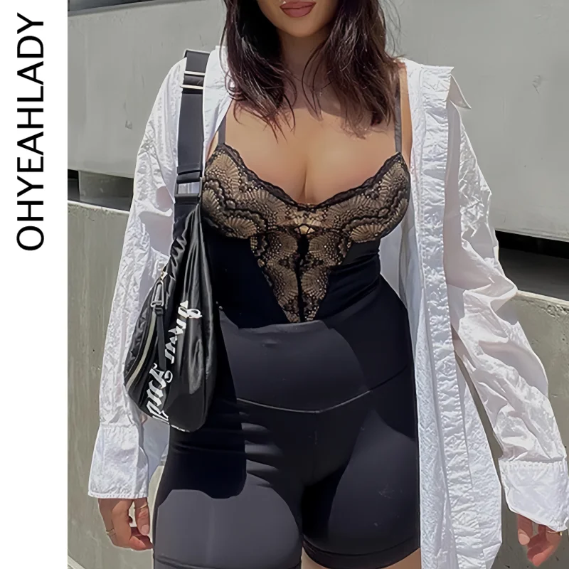 

Ohyeahlady Soft Modal Rompers Tight Pajamas Black Lace Suspender Bodysuits Oversized Teddy Sexy Leotard Lingerie Floral Jumpsuit