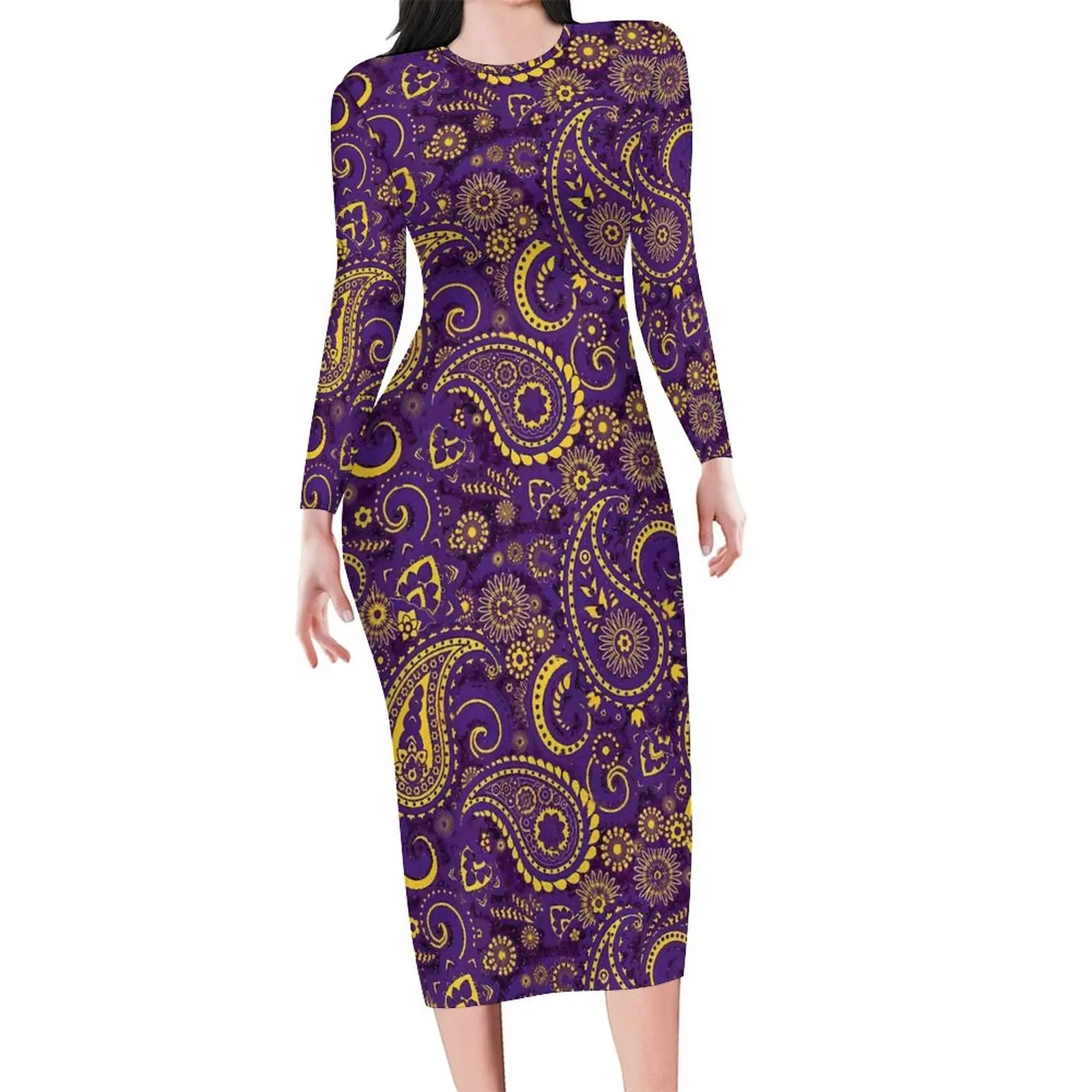 Golden Paisley Bodycon Dress Female Purple Sparkle Cute Dresses Summer Long Sleeve Street Fashion Custom Dress Large Size 6XL