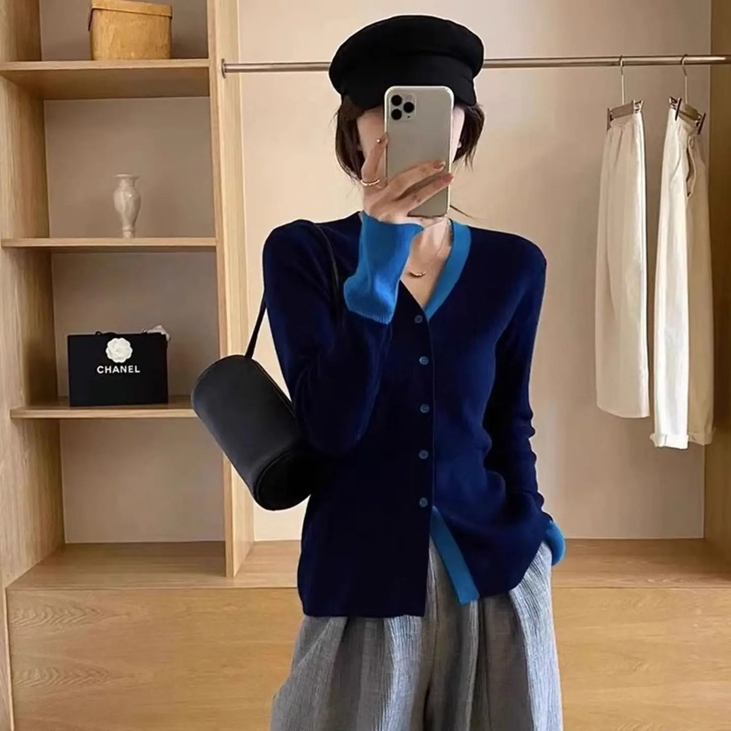 

Cardigans Woman Blue Sweaters Womens Winter V-Neck Kniited Cute Fashionable Half-Turtleneck Sun-Proof Hollowing Seamless Rib Y2K