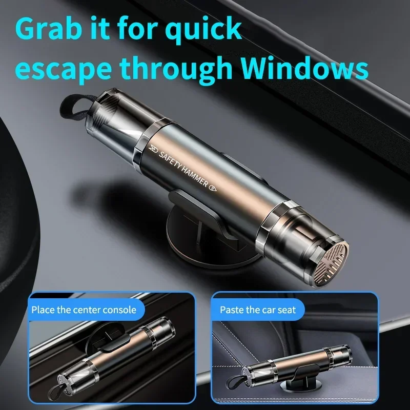 2-in-1 Car Safety Hammer Window Glass Breaker Seat Belt Cutter High Hardness Tungsten Steel Emergency Rescue Tool with Base