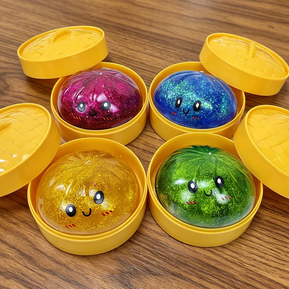 Cute Steamed Bun Squishy Toys, Shiny Glitter Dumpling Squeeze Fidget Toy With Miniature Steamer, Slow Rising Stress Relief  Toy