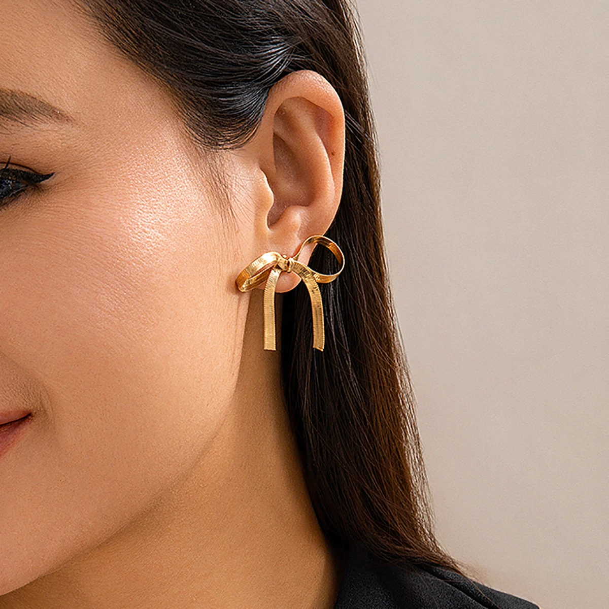 Salircon Korean Simple Snake Chain Bow Stud Earrings Vintage Aesthetics Gold Color Earrings Women\'s Banquet Party Jewelry Gift