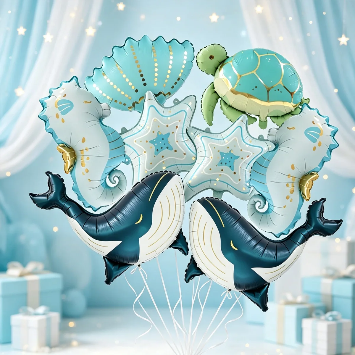 Meerestier-Set Wal Schildkröte Seepferdchen Robbe Muschel Seestern Geformter Aluminiumfolienballon Geburtstagsparty Themen-Dekoration
