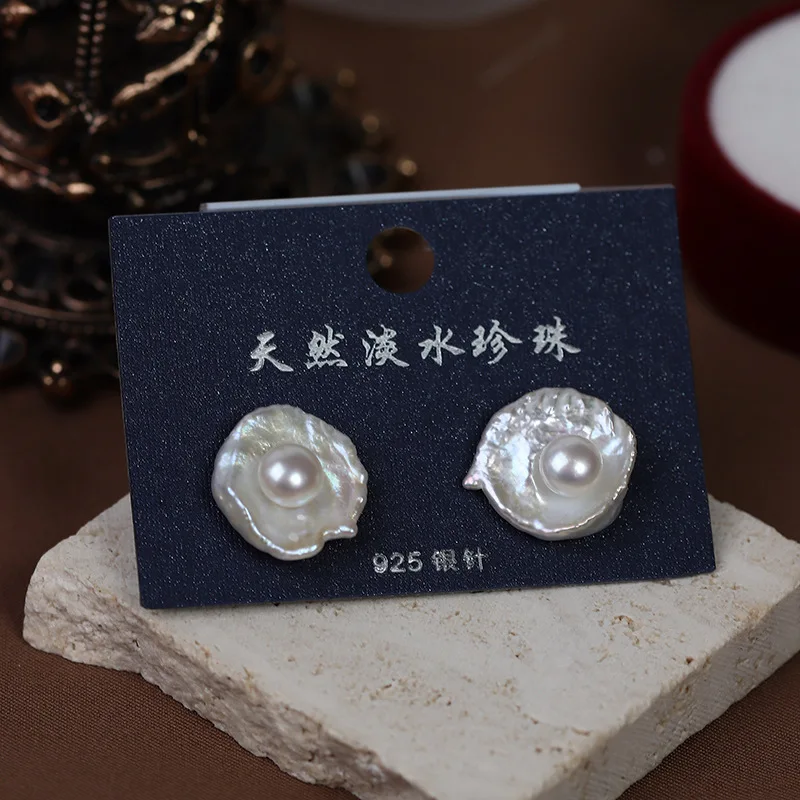 Poached egg natural pearl earrings petal French retro original design 925 silver needle