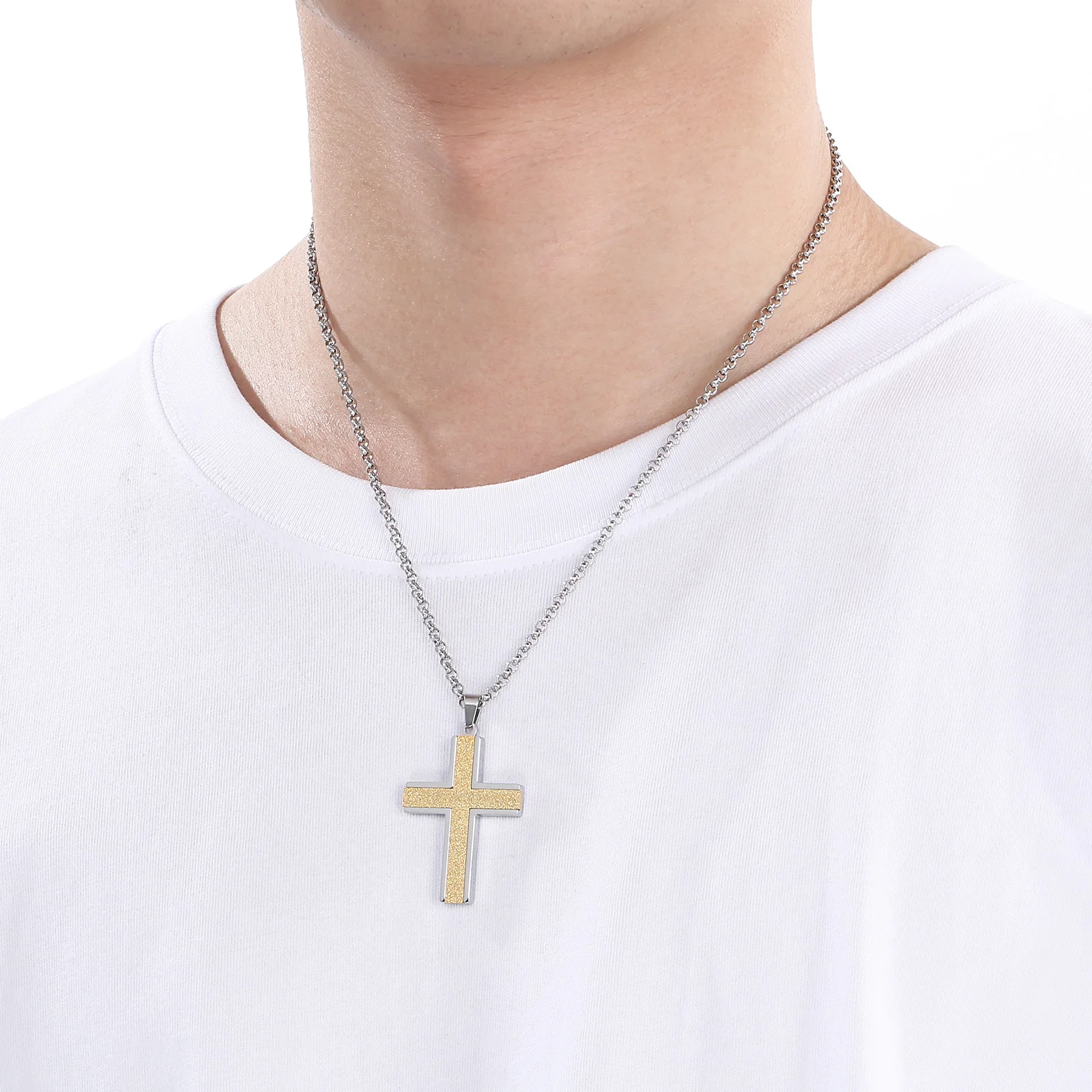 Fongten Minimalist Religious Stainless Steel Cross Pendant Necklace For Men Guarding Peace Believing Fashion Jewelry Party Gifts