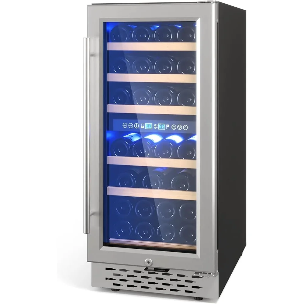 Weinkühlschrank mit zwei Zonen, Fassungsvermögen für 28 Flaschen, freistehender Kühler mit Kindersicherung, kompakter Kühlschrank, energieeffizient, luftgekühlt