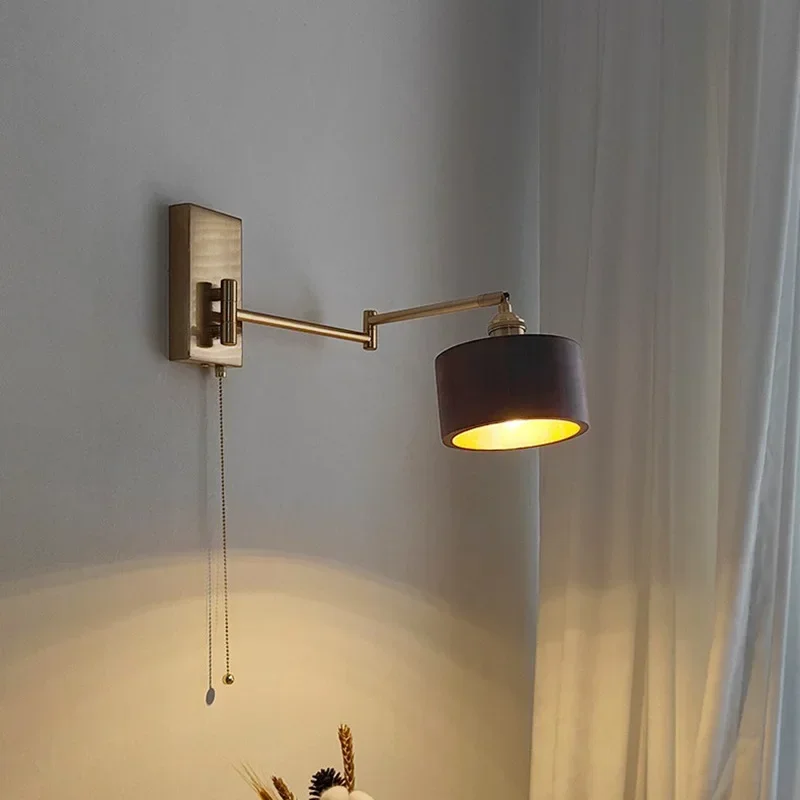 

Pull Chain Switch LED Wall Light Fixtures Sconce Left Right Rotate UP and Down Bedroom Beside Lamp Wooden Modern Wand Lamp