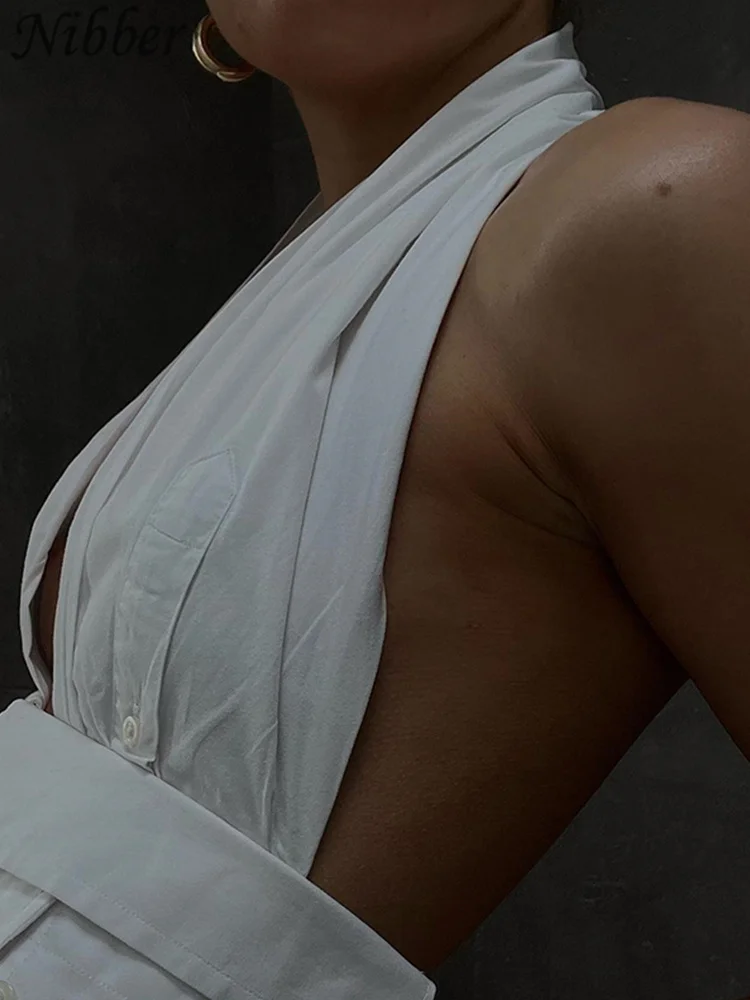 

Nibber, летний женский однотонный сексуальный топ на бретельках с лямкой на пуговицах, со складками и открытой спиной, укороченный топ на шнуровке, женские топы для полуночных вечеринок