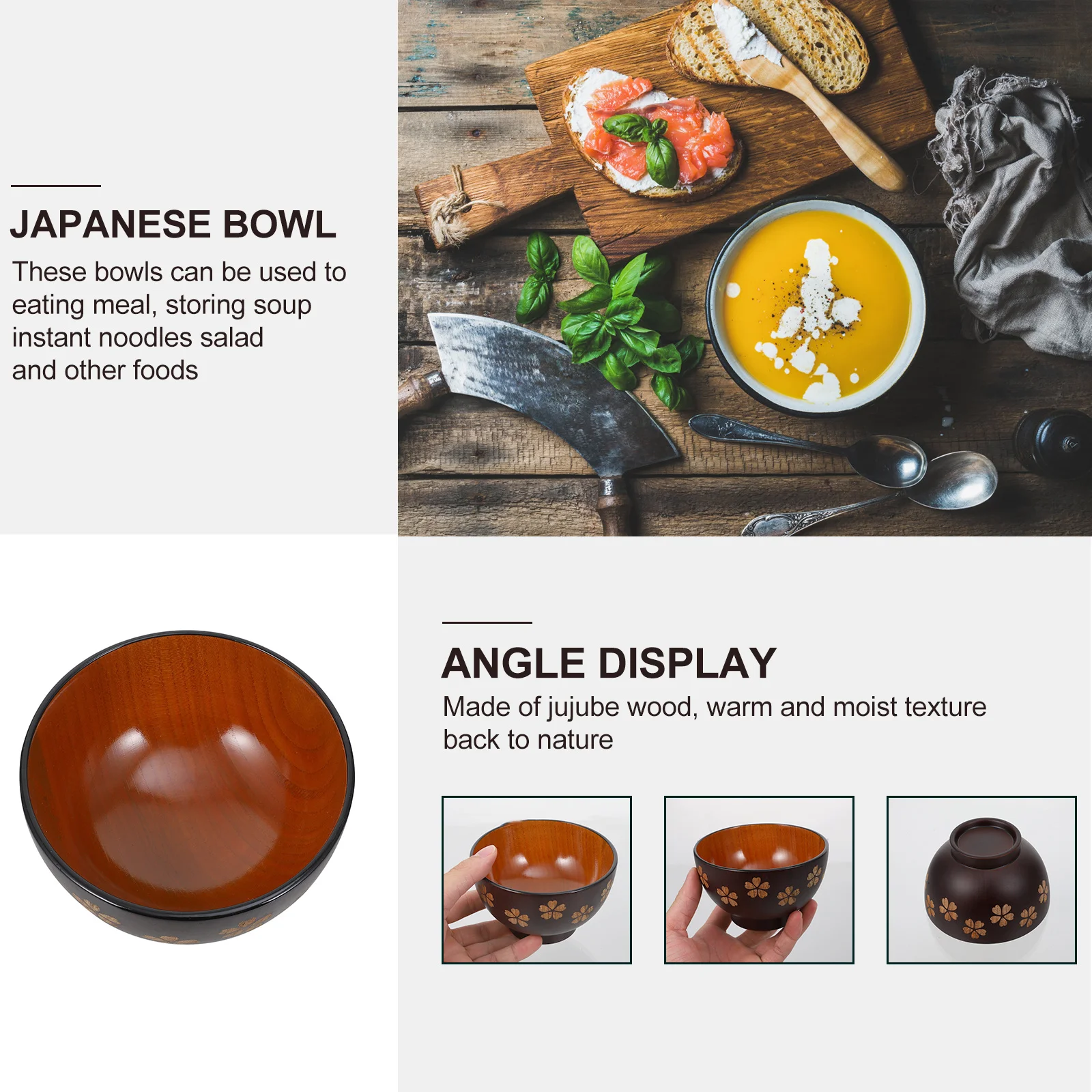 

1pc Wood Bowl Japanese Style Round Soup Rice Noodle Salad Bowl Food Serving Kitchen Tableware Home Restaurant Use