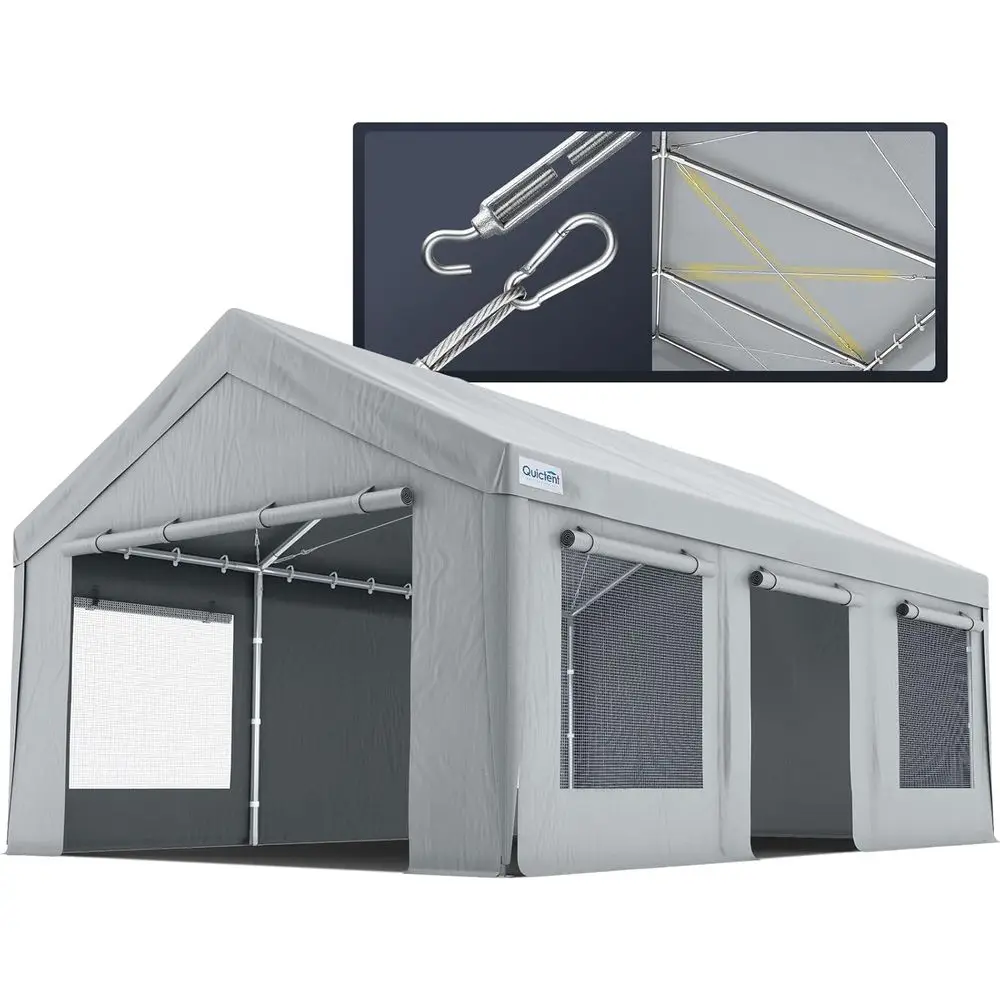 

Durable 12x20 Carport with Side Zipper, Steel Cables, Ventilated Windows, Waterproof Shelter for Cars, Boats, RVs, and Outdoor G