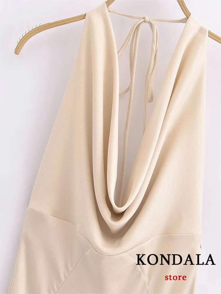 KONDALA Vintage Sexy Chic Women Dress Fold Solid Sleeveless V Neck Satin Long Straight Vestidos Fashion 2024 Party Dress