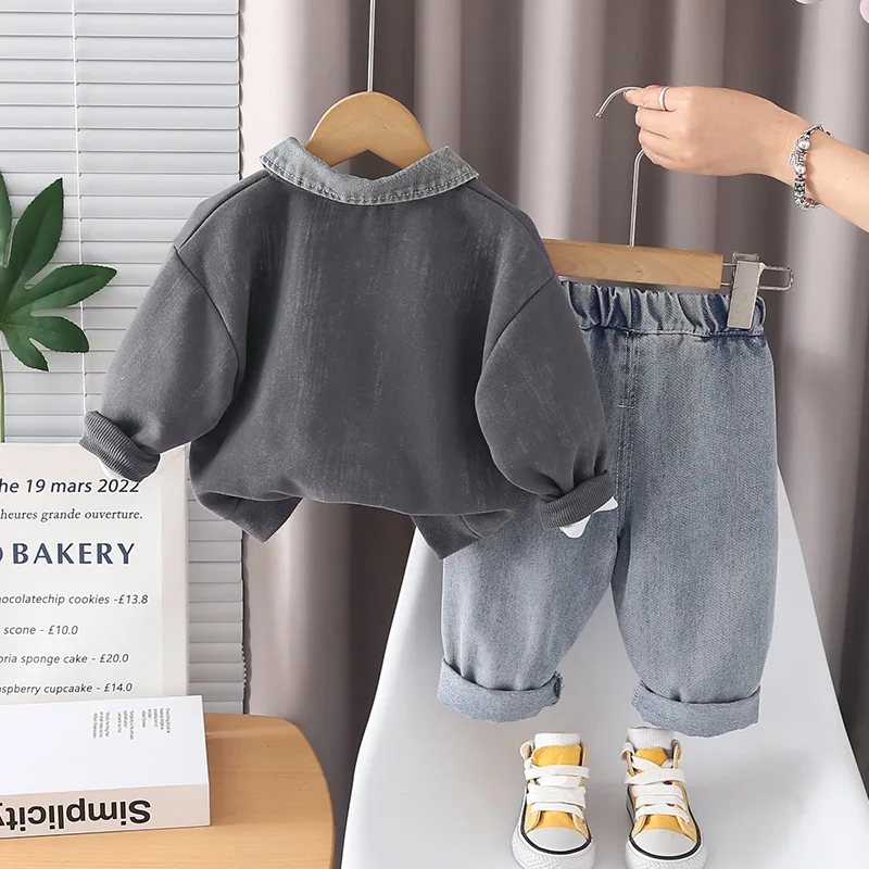 2026 Korean Style Kids 2PCS Clothing Sets Boys Denim Collar Half Zip Sweatshirt + Jeans Toddler Casual Outfits Children Clothes