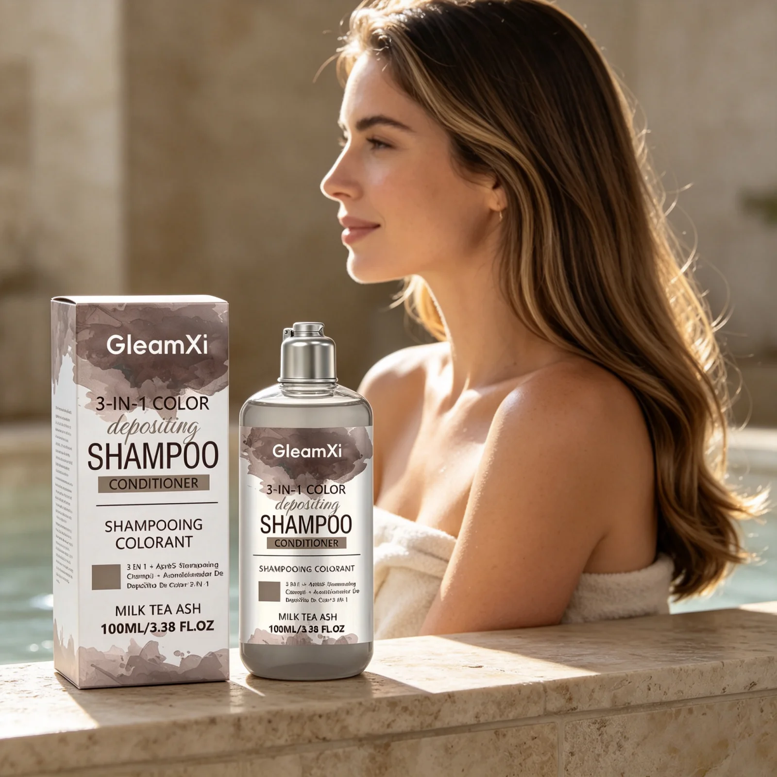 GleamXi 3 in 1 Shampoo Conditioner Milk Tea Ash Reduce Frizz Smooth Hair Moisturizing Nourishing Gentle Color Lock Shampoo 100ml