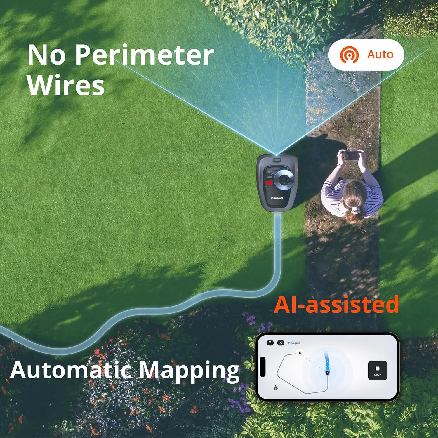 Robot Lawn Mower Perimeter Wire Free 1/4 Acre RTK+Vision Robotic Lawnmower, AI-Assisted Mapping,APP Control, 58dB(A) Quiet