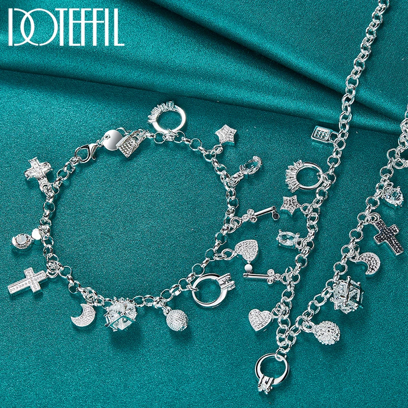 

DOTEFFIL 2pcs 925 Sterling Silver Heart Ball Cross Star Pendant Necklace Bracelets Set For Women Man Wedding Engagement Jewelry