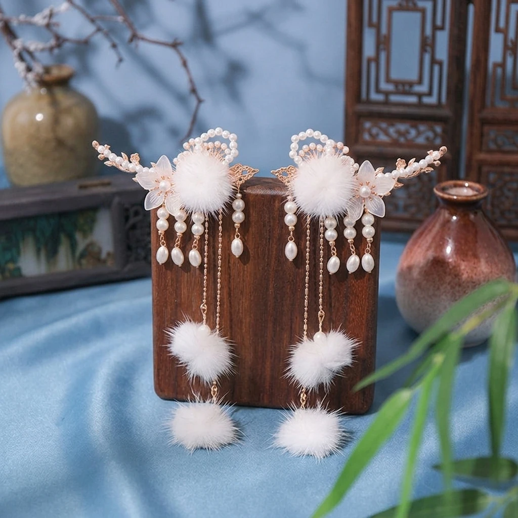 1pc Hair Clip Faux Rabbit Fur for Spring Festival Kids Hanfu Pompom Tassel Traditional Chinese Hairpin Cosplay Accessory