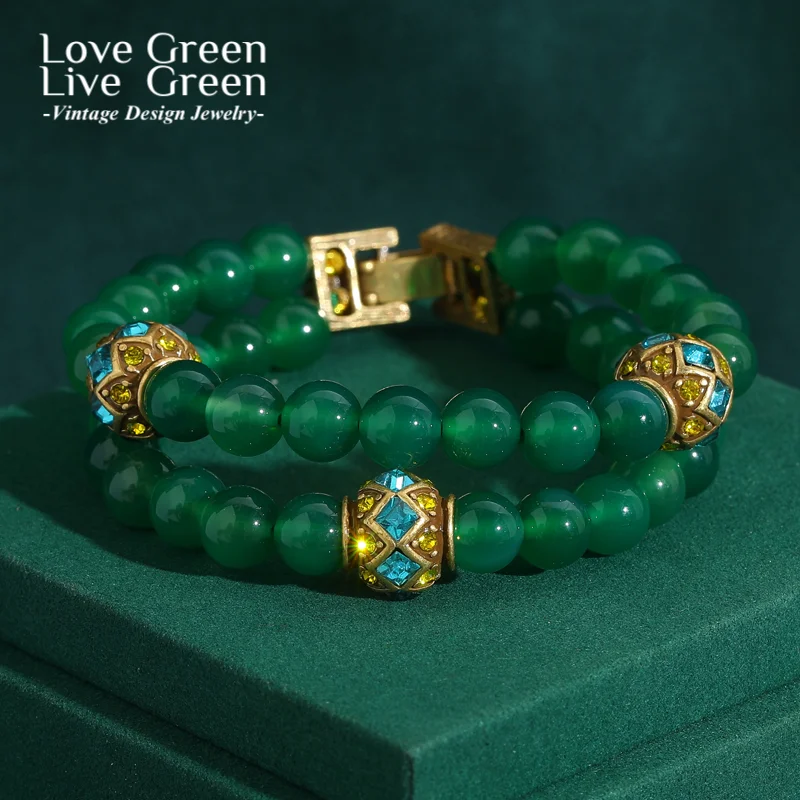 

Vintage Layerd Emerald Green Beaded Bracelets For Woman Stretchy Charm Jewelry Gold Color Rhinestones Ball Wedding Gift 2025