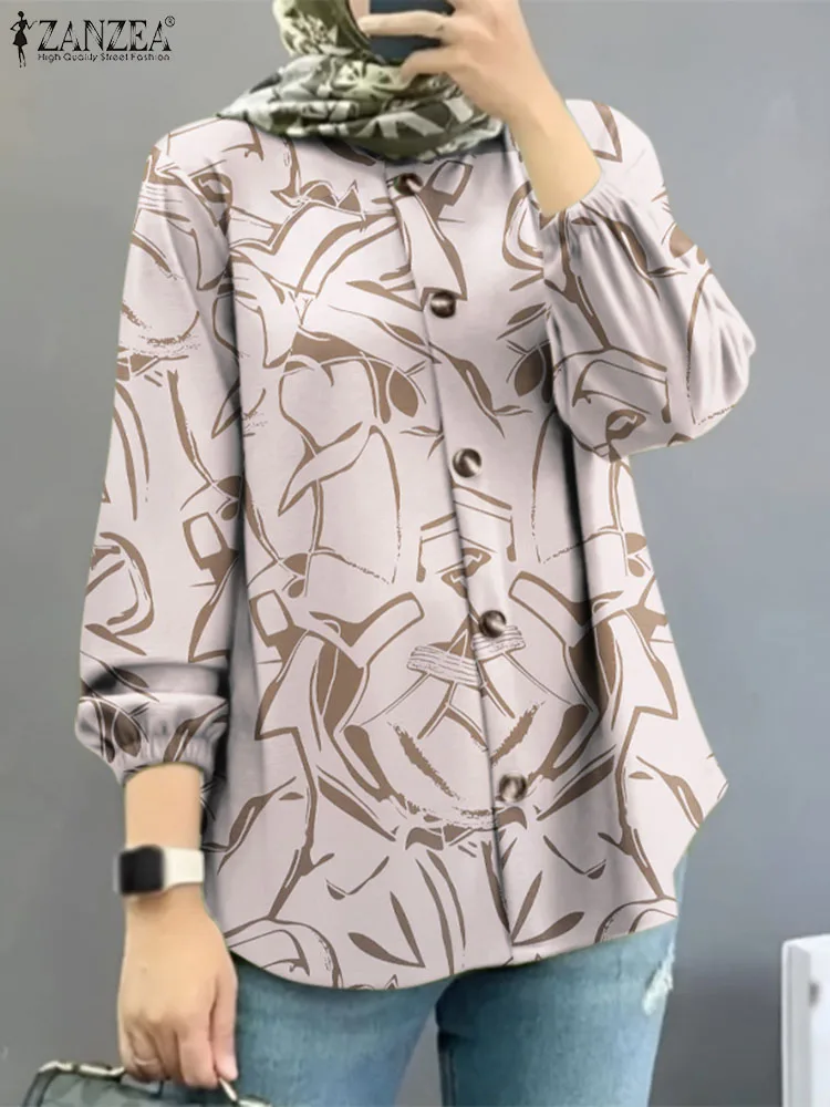 ZANZEA Woman Muslim Blouse Casual Puff Sleeve O-Neck Blusas Bohemian Floral Printed Tunic Tops Elegant OL Islamic Clothing 2023