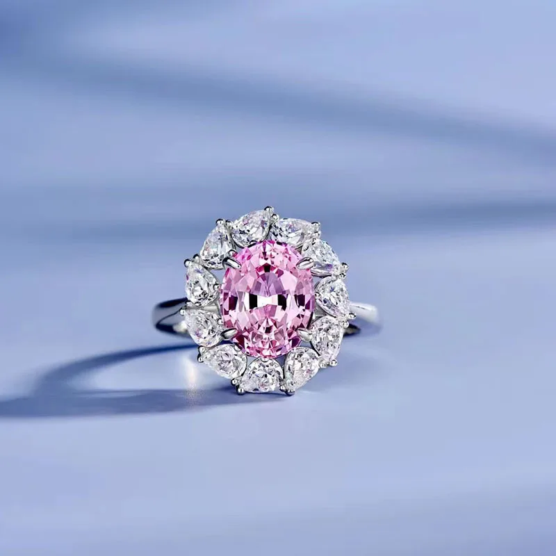 

Luxury 925 Sterling Silver Oval 3 CT Created Padparadscha Gemstone Wedding Engagement Ring For Women Fine Jewelry Gifts