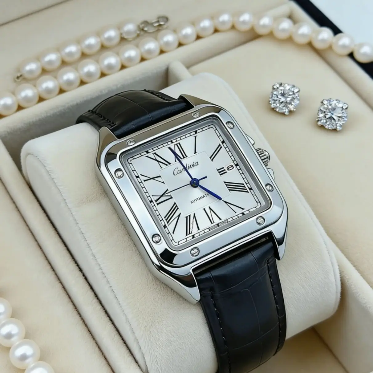 Montre à quartz pour homme avec chiffres romains carrés, boîtier en acier inoxydable de luxe, bracelet en cuir noir, montre-bracelet de style automatique, étanche, montre de cérémonie, affichage de la date, montre élégante, adaptée à un usage quotidien décontracté et formel pour les hommes.