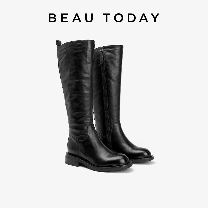 BEAUTODAY Long Boots Women Genuine Horse Leather Solid Color Round Toe Zip Knee High Boots Pleated Ladies Shoes Handmade 01284
