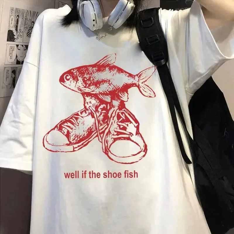 Funny Shoe Fish Expression Package Retro T-shirt Y2K Harajuku Creative Women's T-shirt Summer Casual T-shirt Street Trend Y2K