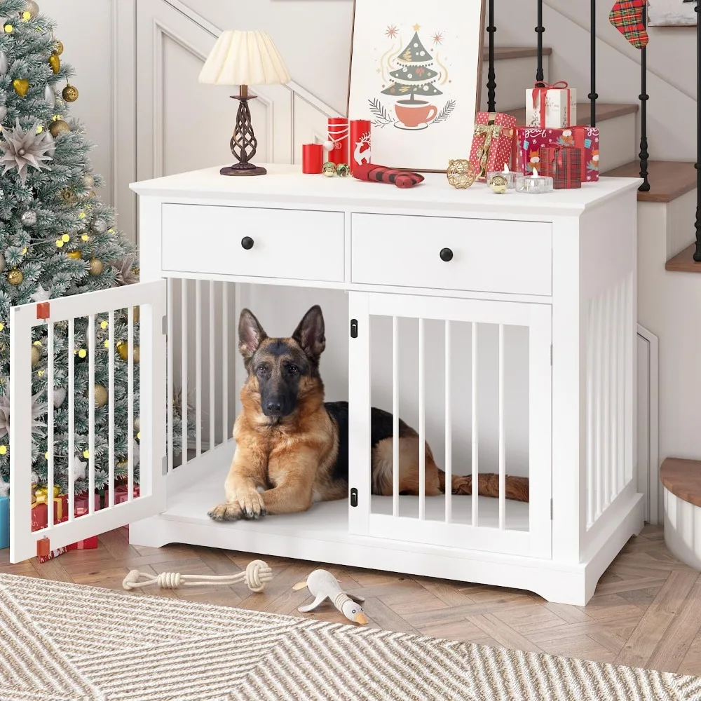 

Dog Crate Furniture, 44 Inch Wooden Dog Kennel Indoor with 2 Storage Drawers, Heavy Duty Large Dog Crate Furniture, Decorative E