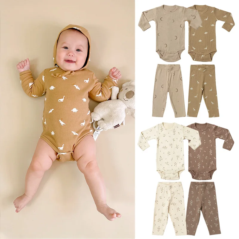 

2025 Infant Toddler All-in-One Cotton Romper with Long Sleeves And Bottom Covering Bodysuit Children's Floral Print Long Pants