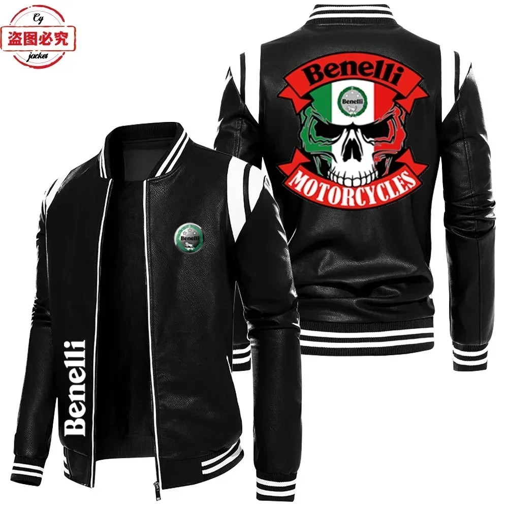 Benelli motorcycle logo contrasting color leather jacket retro washed pu leather jacket windproof men's autumn and winter velvet