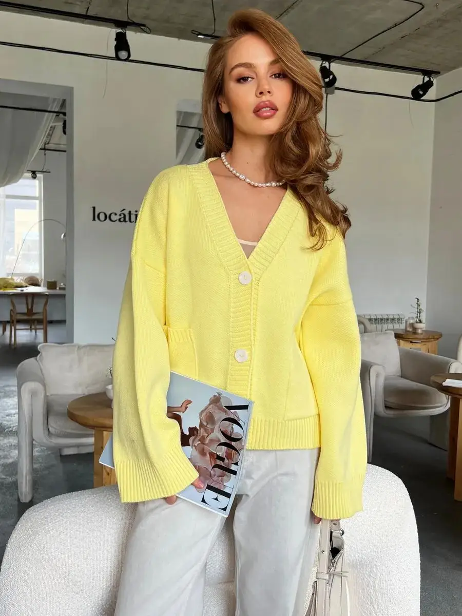 

Casual Loose Knitted Pocket Long-sleeved Women's Tops Autumn Winter Simple Elegant Versatile Sweater Female Cardigan Coat 2025
