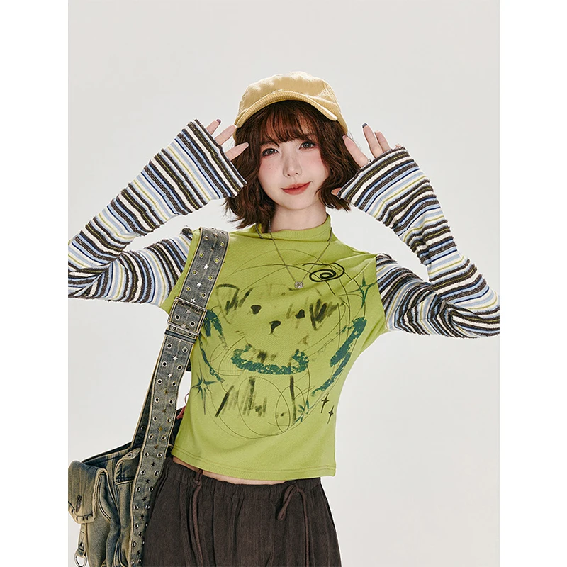 تي شيرت هاراجوكو مخطط للسيدات تي شيرت عتيق مطبوع عليه قطع علوية قصيرة للخريف Y2K الجرونج بأكمام طويلة تصميم نحيف تي شيرت جديد #3