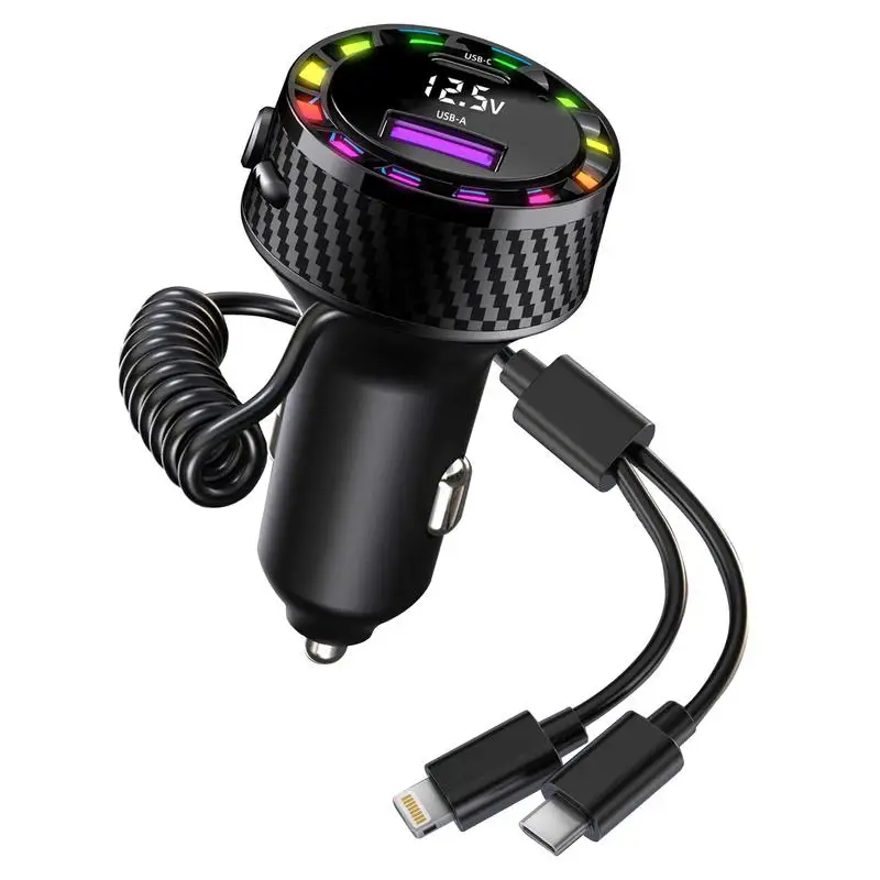 Car USB Charger 2 Ports Car Charger Adapter With Coiled Cord Fast Charging Cell Phone Car Charger With Colorful Light Vehicle