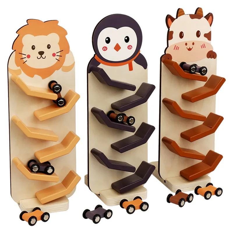 Baby Developmental Wooden Sliding Track Toy Lion Penguin Cow Animal Gliding Race Car Toddler Sensory Educational Play Toy