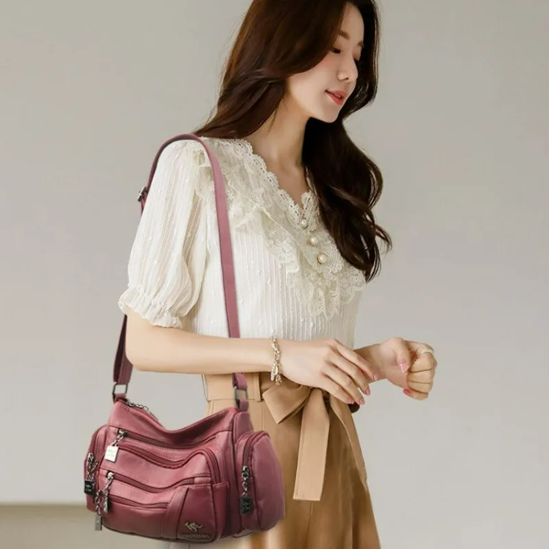 

PU Leather Bag Crossbody Shoulder Bag Wide Shoulder Strap Women Casual Multi-Pocket Large Capacity Soft Leather Mother Bolsa